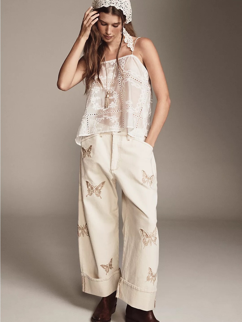 Pilcro Cream Wide-Leg Pants with Butterfly Embroidery